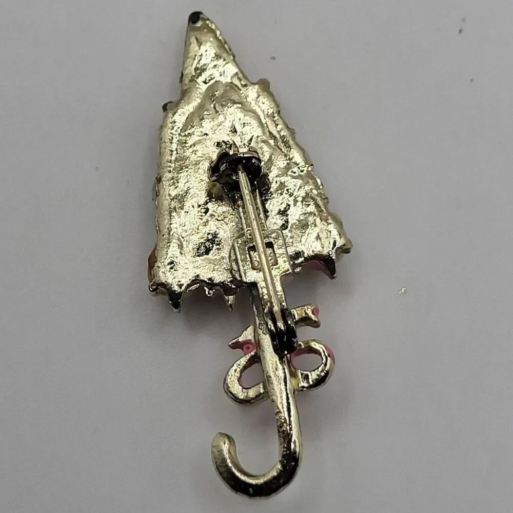 Vintage Gold Tone Faux Pearl Red Enamel & Crystal Umbrella Brooch 2in